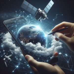 Imagem de um aparelho celular conectando um satélite.